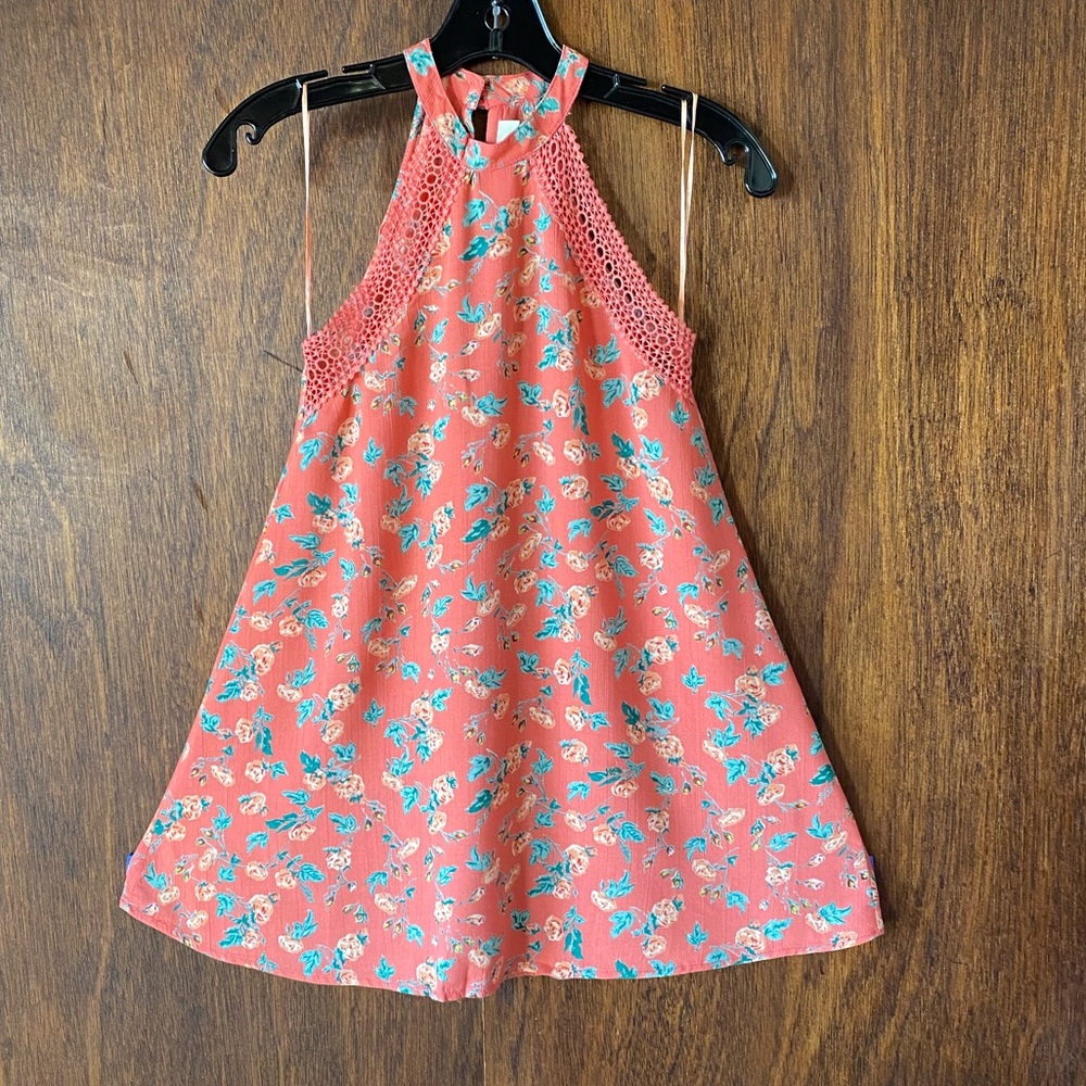 Girls Coral Floral Halter Dress